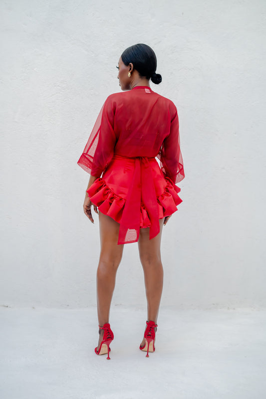 AESA WRAP BLOUSE - RED SHEER