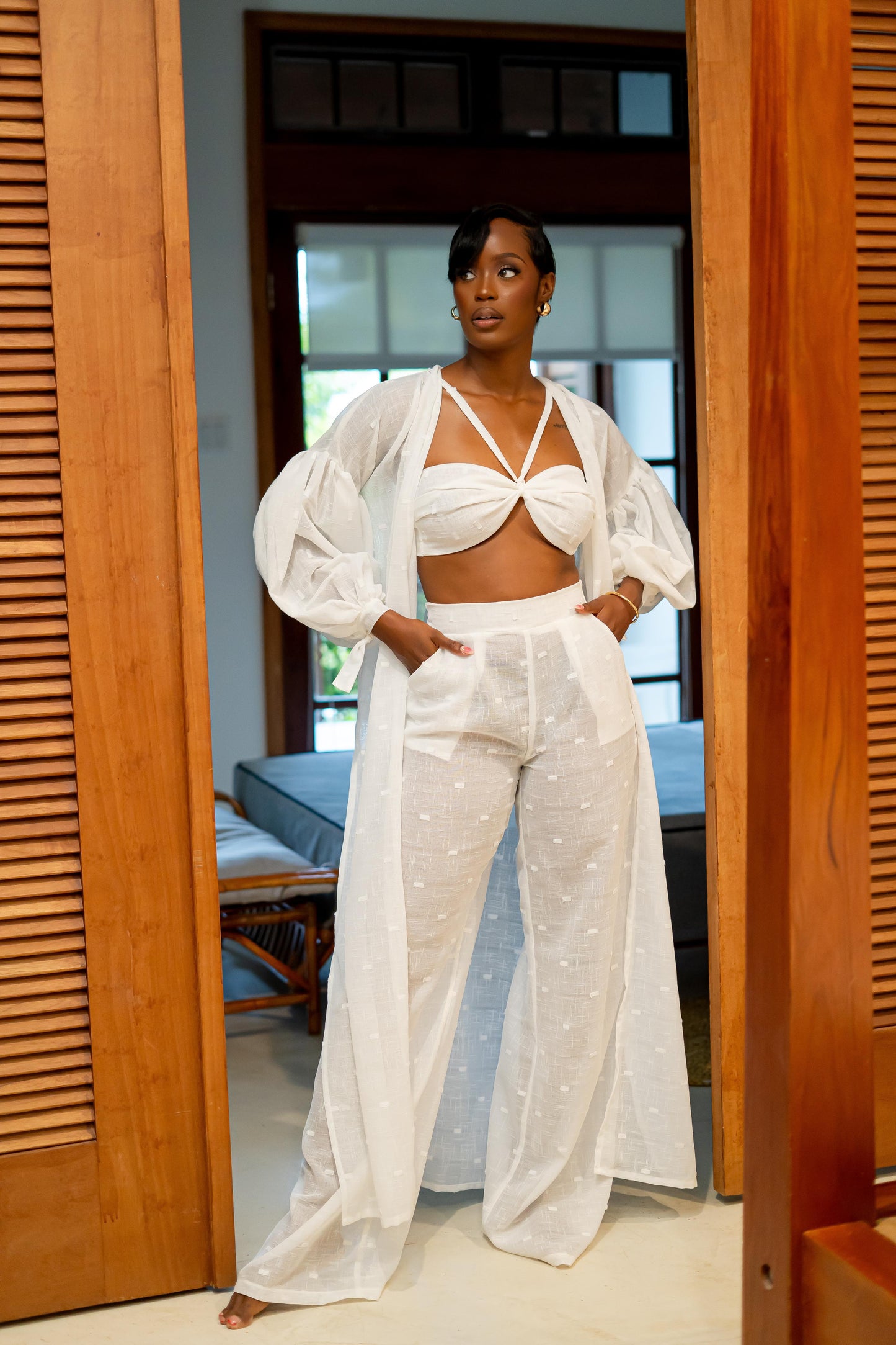 ARANKA EMBROIDERED SHEER ROBE SET- SNOW