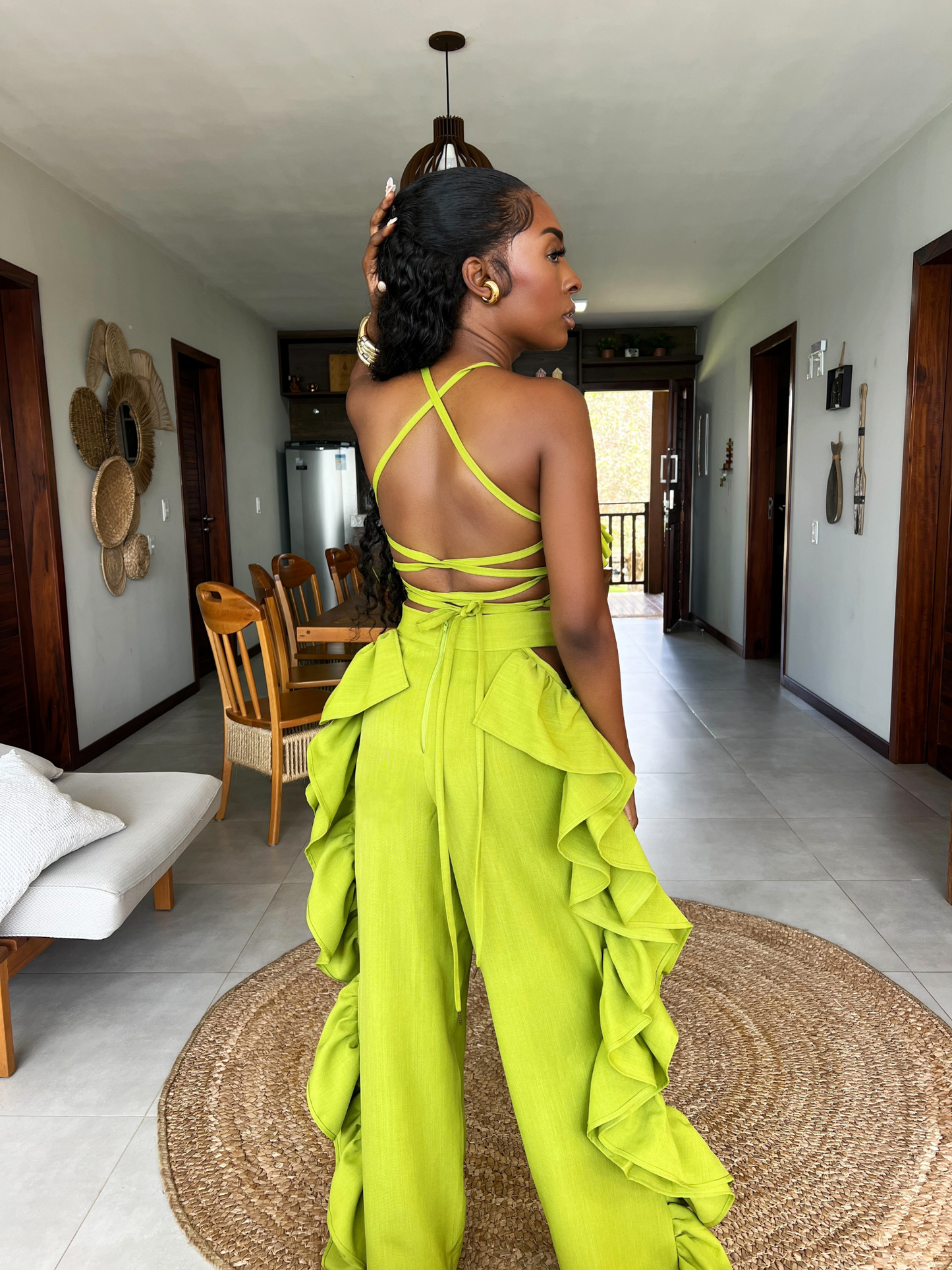 Green pants suit with frills
